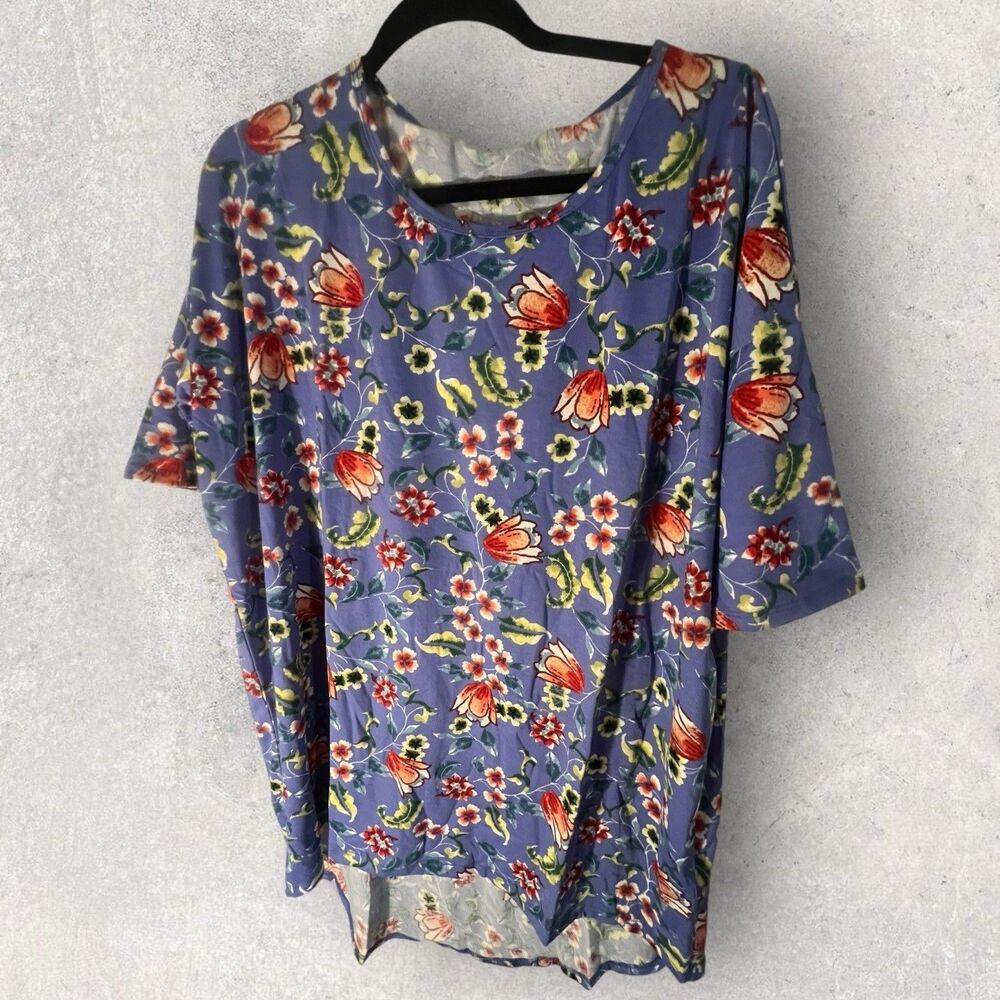 NWT LuLaRoe Irma Shirt Hi Low Multicolor Blue Floral Large Pull On Short Sleeves